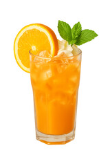 Bright orange cocktail with ice cubes, whipped cream, fresh mint, and orange slice garnish. Transparent background. Perfect for summer drinks, menu design, and tropical-themed projects.