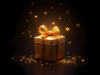 Gold Gift Box with Golden Bow and Glowing Hearts on Dark Background Elegant Present for Special Occasion Luxury Festive Decoration 3 D Render