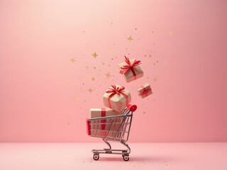 Pink Background Small Shopping Cart Filled with Beige Gift Boxes Red Ribbons Gold Glitter Stars Falling