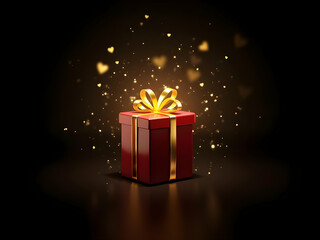 Dark background red gift box with gold ribbon and small golden heart shaped sparkles floating above