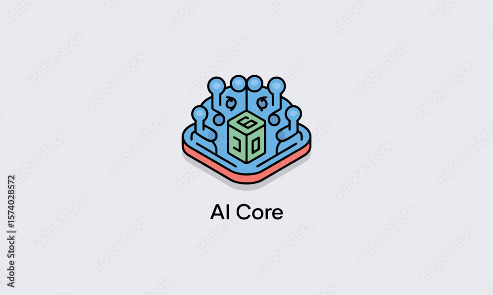 Poster ai core isometric icon illustrates a central processing unit, isolated on a light background, repres