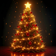 Illuminated Christmas Tree Decorated with Red Ornaments and Warm Yellow Lights Standing on Dark Red Wooden Floor Against a Dark Background with Falling Glittering Particles