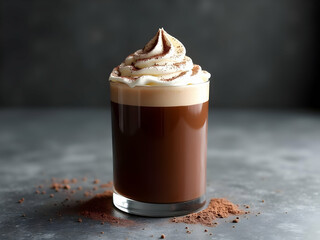 Rich Dark Chocolate Drink in Glass with Whipped Cream Topping and Cocoa Powder Garnish on Dark Gray Surface