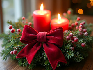 Christmas wreath adorned with a large red velvet bow two burning red candles and frosted red berries nestled amongst lush green pine branches