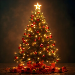 A Lush Christmas Tree Adorned with Red and Gold Ornaments Illuminated by Warm Golden Lights Against a Dark Background Surrounded by Presents