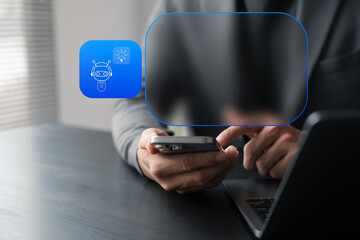 AI chatbot concept showing businessman using smartphone with virtual assistant app interface, smart communication, digital technology, automation, innovation, and futuristic business solution.