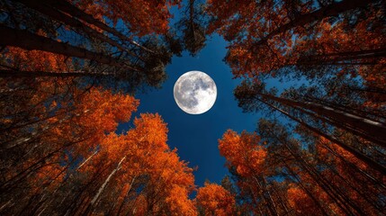 Low angle view of a moonlit night sky framed by tall trees with autumn leaves