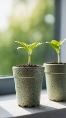 Bright Green Seedlings in Speckled Pots on Windowsill
