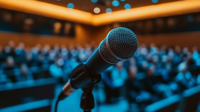 Microphone in focus at a conference event.