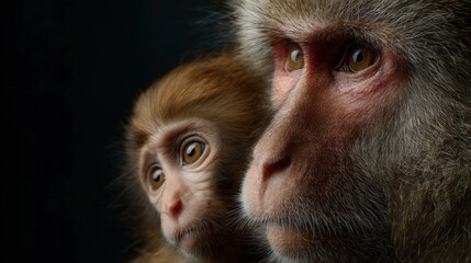 Intimate Portrait of a Mother Macaque Monkey and Her Adorable Infant Baby