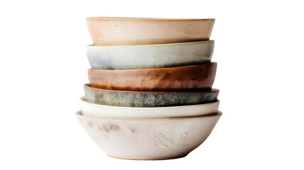A stack of five ceramic bowls in varying colors and textures on a plain background with a minimalist style