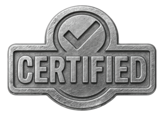 Metallic badge sticker with CERTIFIED in embossed style, authoritative promo offer on transparent background.