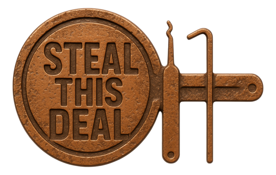 Brown textured circle shape with STEAL THIS DEAL in embossed style, distinctive retail promotion offer on transparent background.