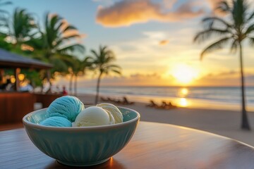 Obraz premium Three scoops of ice cream on a beachside table at sunset.