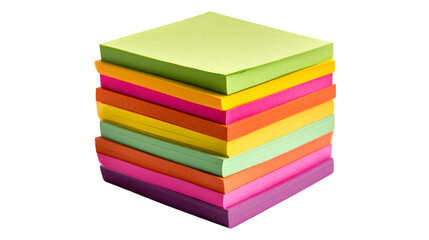 A vibrant stack of colorful sticky notes arranged neatly on a black background in a studio setting
