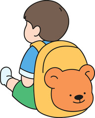 A boy sitting with his back to us, wearing a teddy bear backpack