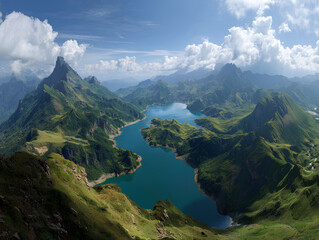 mountain landscape with lake and mountains