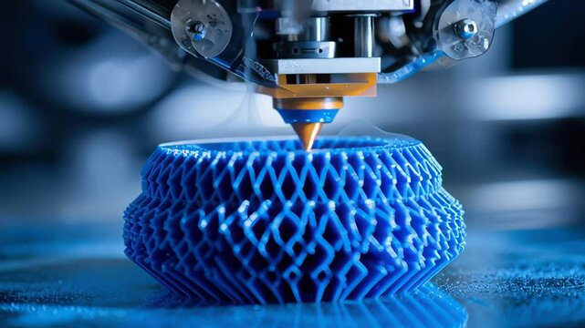 Close-up of Advanced 3D Printer Creating Intricate Blue Object with Precision Using Filament Material