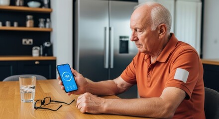 A senior man checks his glucose level on his smartphone at home