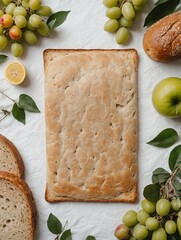 Boho Picnic Scene with Fruit and Bread on White Background
