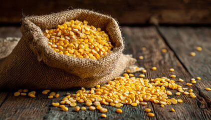 Rustic burlap sack filled with yellow soybeans on vintage wooden table under warm light in agricultural still life composition