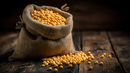 Rustic burlap sack filled with yellow soybeans on vintage wooden table under warm light in agricultural still life composition