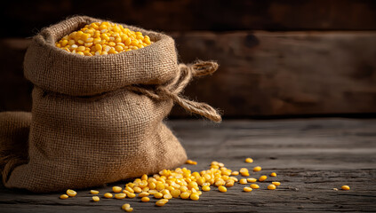 Rustic burlap sack filled with yellow soybeans on vintage wooden table under warm light in agricultural still life composition