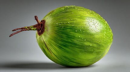 Exotic green coconut with water droplets on a neutral background