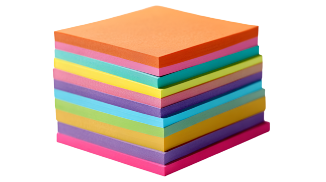 Stack of colorful square sticky notes or memo pads in assorted pastel colors on a black background