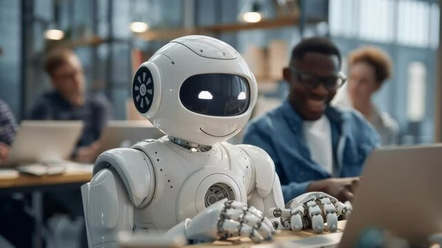 A robot is sitting at a desk with a laptop in front of it. The robot is smiling and he is happy. The scene suggests a futuristic or technological setting, where robots and humans coexist