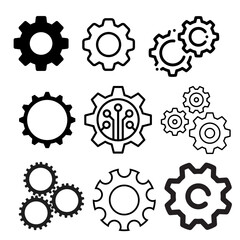 Gear Icon Set - Black and Outline Style
