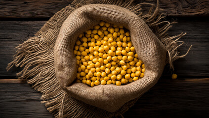 Rustic burlap sack filled with yellow soybeans on vintage wooden table under warm light in agricultural still life composition