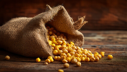 Rustic burlap sack filled with yellow soybeans on vintage wooden table under warm light in agricultural still life composition