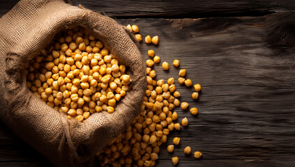 Rustic burlap sack filled with yellow soybeans on vintage wooden table under warm light in agricultural still life composition