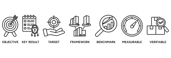 OKR icon set vector illustration concept relate to objectives and key results with icon of objective, key results, target, framework, benchmark, measurable, and verifiable