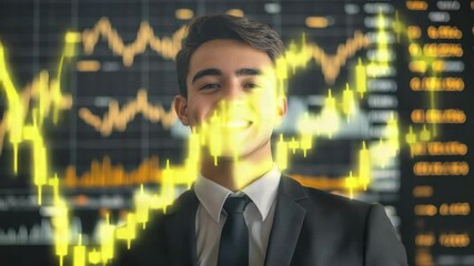 Young businessman smiling confident in business suit and tie with stock market graph overlay showing financial success and positive trading trends in modern business environment - Powered by Adobe