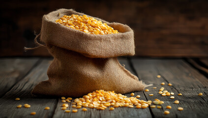 Rustic burlap sack filled with yellow soybeans on vintage wooden table under warm light in agricultural still life composition