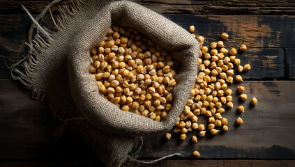 Rustic burlap sack filled with yellow soybeans on vintage wooden table under warm light in agricultural still life composition