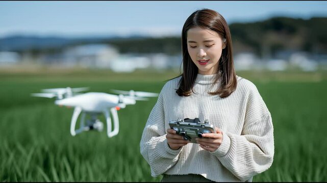 水田の上でドローンを操縦する若い女性農業者