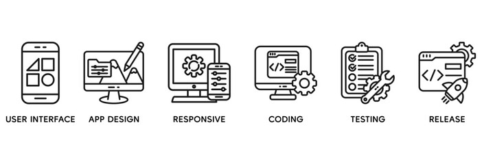 App development icon set vector illustration concept relate to user interface, app design, responsive, coding, testing and release