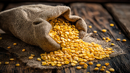 Rustic burlap sack filled with yellow soybeans on vintage wooden table under warm light in agricultural still life composition