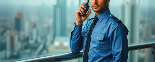 Security Guard Communicating in High-Rise Office Building, A security guard in a blue uniform stands near a window in a modern high-rise office building, engaged in a walkie talkie.