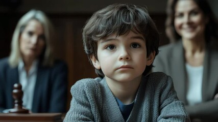 Child boy courtroom hearing judge legal serious indoors people woman calm thoughtful expression wooden furniture formal attire background - Powered by Adobe