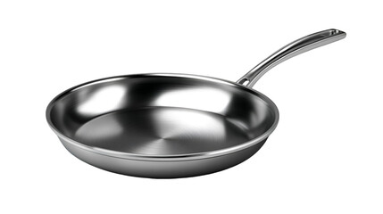 A stainless steel frying pan with a long handle is displayed against a black background in a studio shot