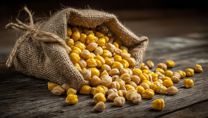 Rustic burlap sack filled with yellow soybeans on vintage wooden table under warm light in agricultural still life composition