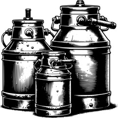 Vintage Milk Cans: A rustic monochrome depiction of three classic milk cans, each with its own unique form and character, evoking the charm of rural life and days gone by.