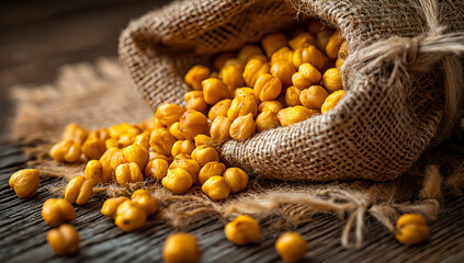 Rustic burlap sack filled with yellow soybeans on vintage wooden table under warm light in agricultural still life composition