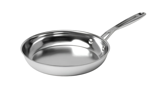 A shiny stainless steel frying pan with a long handle on a black background in a studio shot