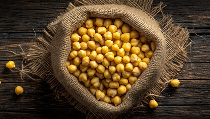 Rustic burlap sack filled with yellow soybeans on vintage wooden table under warm light in agricultural still life composition
