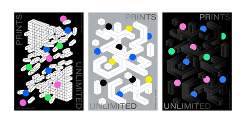 Geometric Maze & Cubes Poster Abstract Isometric Cube Layout with Colorful Dot Accents for Modern Art Prints square circle pattern color point black background unique poster flyer visual graphics